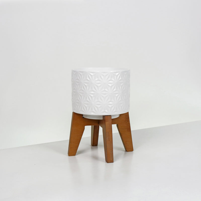 White Ceramic Planter with Wooden Stand