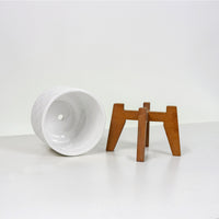 White Ceramic Planter with Wooden Stand